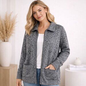 CW Classics Cardigan Sweater Marbled Gray Cable Knit Size 1X Zip Up Pockets Cozy